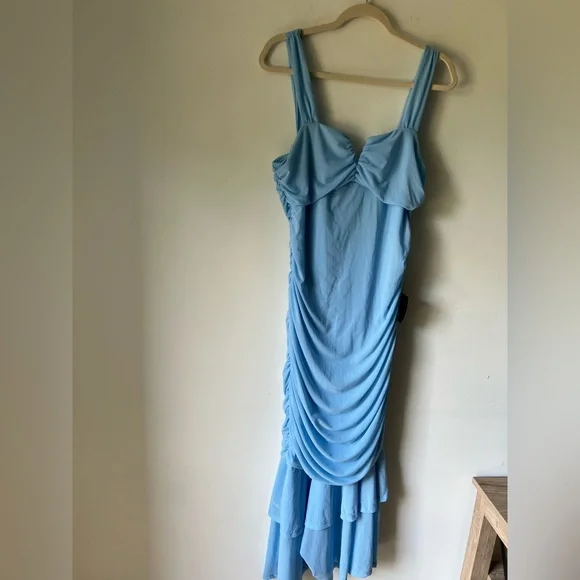 Lulus Blue Ruched Ruffle Midi Dress Size XL NWT - Picture 2 of 6